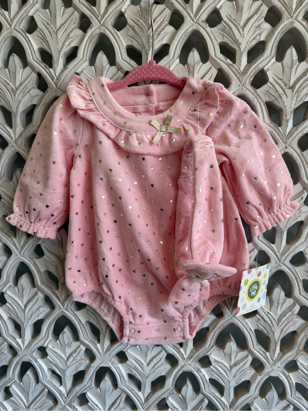 Little Me Pink Velour Gold Heart Bubble Romper 3M NWT + Bow